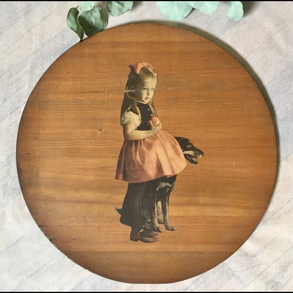 LP Vintage 60s Pickle Barrel Wood Lid Wall Art with Appliqué | Girl Dog